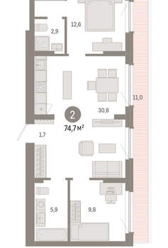 2-к квартира, вторичка, 75м2, 8/12 этаж