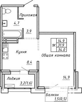 1-к квартира, строящийся дом, 34м2, 10/15 этаж
