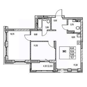 3-к квартира, строящийся дом, 73м2, 8/21 этаж