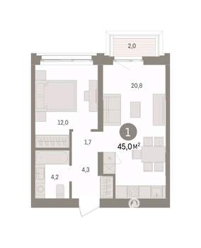 1-к квартира, вторичка, 45м2, 7/8 этаж