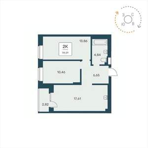 2-к квартира, вторичка, 56м2, 23/25 этаж