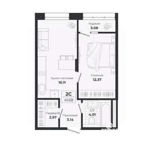 2-к квартира, строящийся дом, 39м2, 3/9 этаж