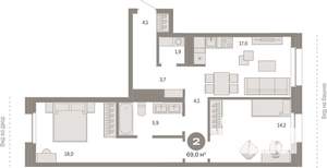 2-к квартира, вторичка, 69м2, 9/10 этаж