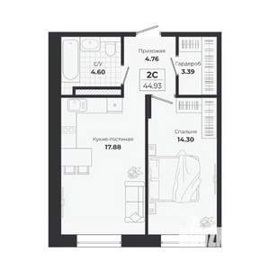 2-к квартира, строящийся дом, 45м2, 9/9 этаж