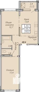 2-к квартира, строящийся дом, 60м2, 13/17 этаж