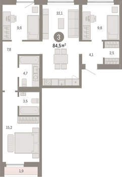 3-к квартира, вторичка, 85м2, 2/15 этаж