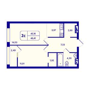2-к квартира, вторичка, 46м2, 20/26 этаж