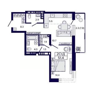 2-к квартира, вторичка, 51м2, 14/23 этаж
