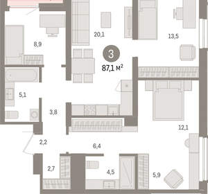 3-к квартира, вторичка, 87м2, 12/15 этаж