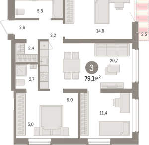 3-к квартира, вторичка, 79м2, 14/15 этаж