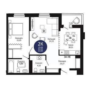 2-к квартира, вторичка, 64м2, 13/20 этаж