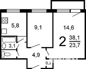 2-к квартира, вторичка, 39м2, 2/5 этаж
