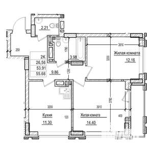 2-к квартира, строящийся дом, 54м2, 13/29 этаж