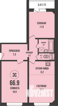 3-к квартира, строящийся дом, 67м2, 10/13 этаж