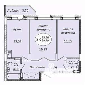 2-к квартира, строящийся дом, 60м2, 19/25 этаж