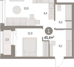 1-к квартира, вторичка, 45м2, 23/30 этаж