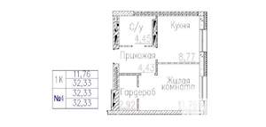 1-к квартира, строящийся дом, 32м2, 1/24 этаж