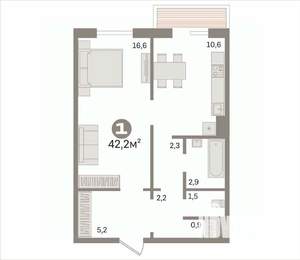 1-к квартира, вторичка, 42м2, 5/10 этаж
