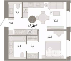 1-к квартира, вторичка, 43м2, 6/9 этаж