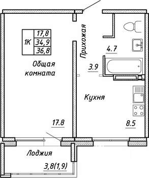 1-к квартира, строящийся дом, 37м2, 17/17 этаж