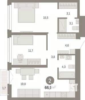 2-к квартира, вторичка, 67м2, 15/23 этаж