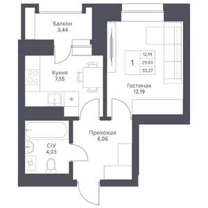 1-к квартира, вторичка, 33м2, 3/24 этаж