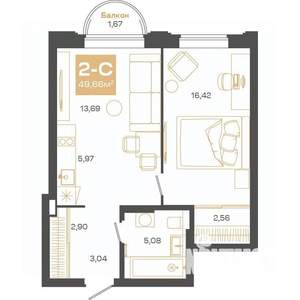 2-к квартира, строящийся дом, 49м2, 9/24 этаж