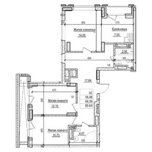 3-к квартира, строящийся дом, 69м2, 29/29 этаж