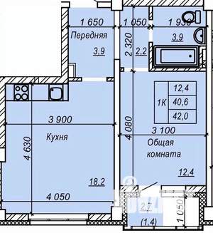 1-к квартира, строящийся дом, 42м2, 1/9 этаж
