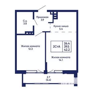 2-к квартира, вторичка, 42м2, 4/14 этаж