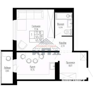 1-к квартира, строящийся дом, 46м2, 5/15 этаж