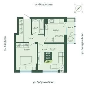2-к квартира, строящийся дом, 56м2, 10/18 этаж