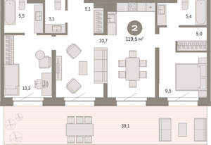 2-к квартира, вторичка, 120м2, 2/11 этаж