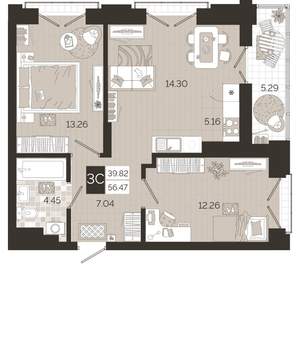 3-к квартира, строящийся дом, 56м2, 24/25 этаж