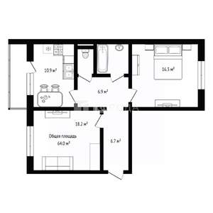 2-к квартира, вторичка, 64м2, 1/16 этаж