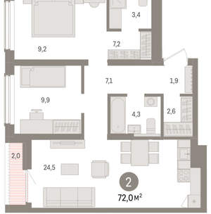 2-к квартира, вторичка, 72м2, 9/15 этаж