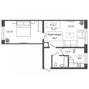 2-к квартира, вторичка, 44м2, 1/5 этаж