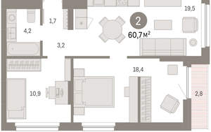 2-к квартира, вторичка, 61м2, 6/12 этаж
