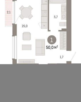 1-к квартира, вторичка, 50м2, 9/12 этаж