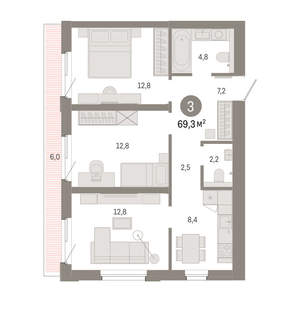 3-к квартира, вторичка, 69м2, 3/24 этаж