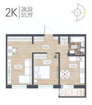 2-к квартира, строящийся дом, 52м2, 3/17 этаж