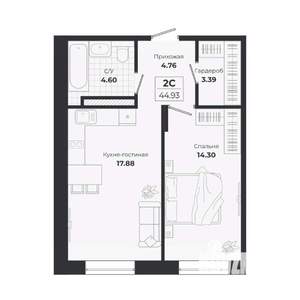 2-к квартира, строящийся дом, 45м2, 5/9 этаж