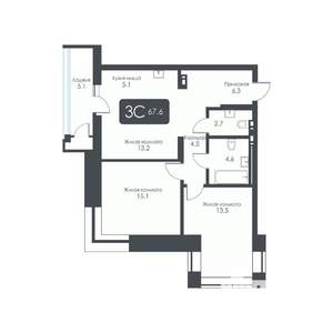 3-к квартира, строящийся дом, 68м2, 5/30 этаж