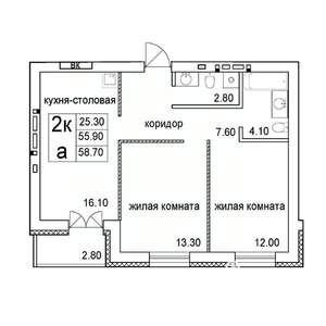 2-к квартира, строящийся дом, 59м2, 7/8 этаж