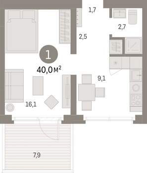 1-к квартира, вторичка, 40м2, 2/12 этаж