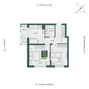 2-к квартира, строящийся дом, 58м2, 16/18 этаж