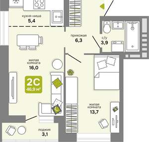 2-к квартира, строящийся дом, 47м2, 12/25 этаж