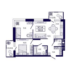 3-к квартира, вторичка, 59м2, 18/23 этаж