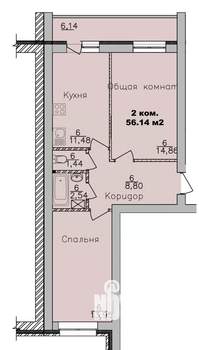 2-к квартира, вторичка, 56м2, 7/9 этаж