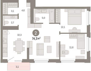 2-к квартира, вторичка, 74м2, 6/24 этаж